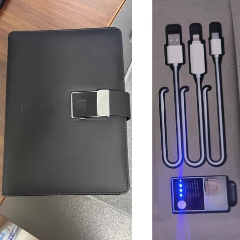 Notebook con blocco delle impronte digitali con chiavetta USB da 10000 mAh + 16 GB + cavo di ricarica wireless 3 in 1 + Vedio da 4,3 pollici + funzione calcolatrice