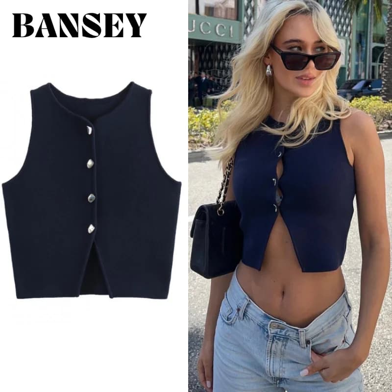 2025 Top corto lavorato a maglia streetwear da donna estivo Camicette con bottoni e canotte senza spalline per abbigliamento casual e da festa