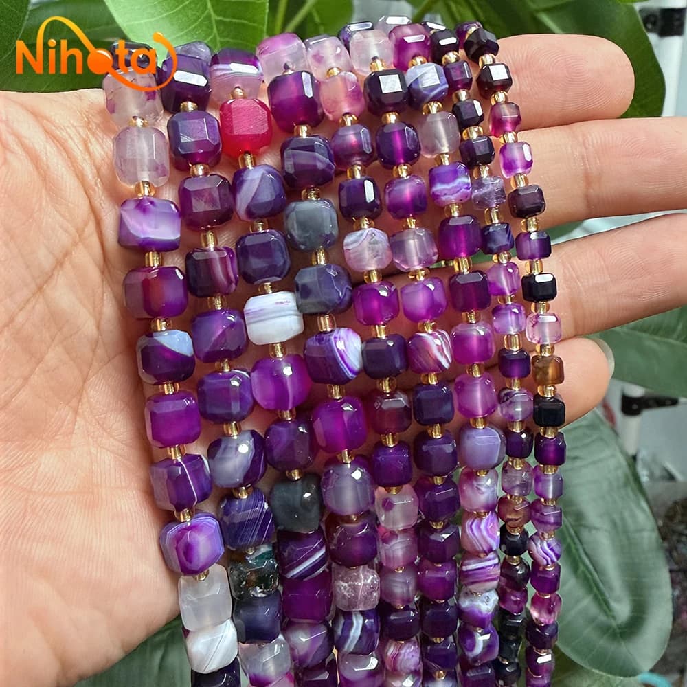 Natural Stone Purple Banded Lace Striped Agates Faceted Cube Beads Diy Bracelet for Fashion Jewelry Making 15" Strand 5/7/8mm