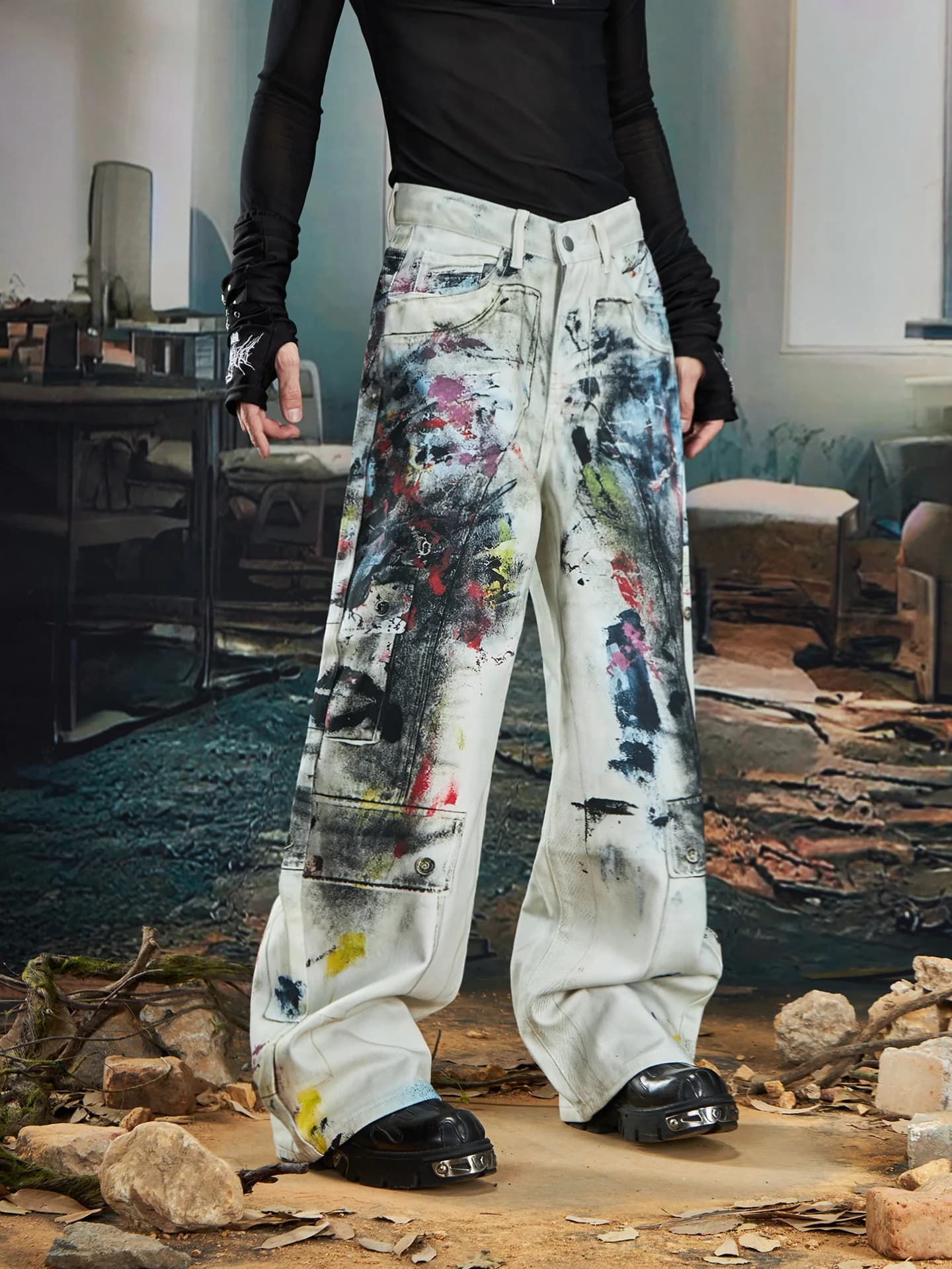 Pantaloni jeans stampati in 3D dritti larghi tinti sporchi con design di interesse speciale di nicchia punk leggero asiatico rock graffiti