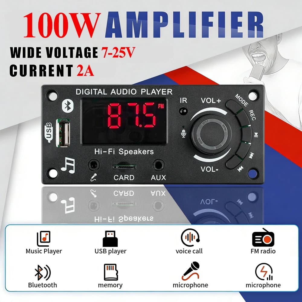 Amplificatore KEBIDU 100W con Bluetooth 5.0, Scheda Decoder MP3 WAV, Lettore MP3 12V DC, Modulo Audio per Auto con Schermo LED, Microfono, TF, FM, USB e Registrazione