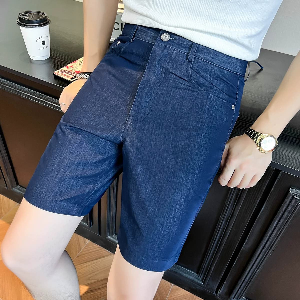 Summer Thin Casual Denim Shorts Men's Breathable Slim Fit Solid Suit Jean Shorts Streetwear Comfortable Knee Length Short Pants
