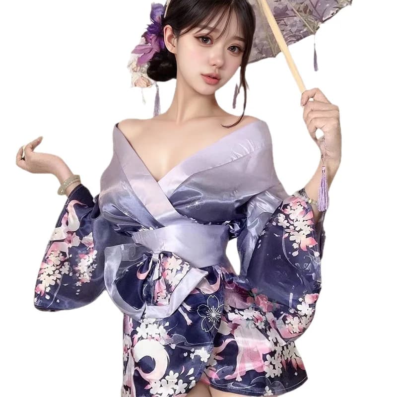 Purple Pink Japanese Kimono Women's Costumes Kawaii Sexy Lingerie Robes Cosplay Bow Belt Traditional Style Soft Pajamas Bathrobe