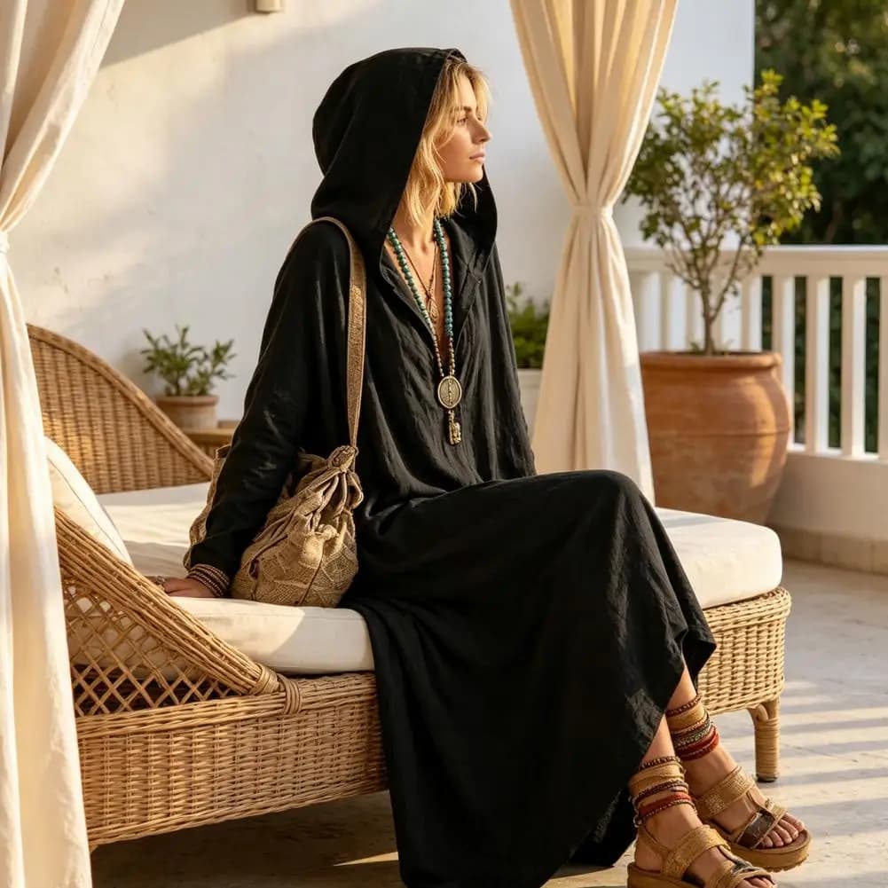 Wear Dress Women’s Long Sleeve Hooded Dress Boho Maxi Dress with Pockets Loose V-neck Solid Color Fall Outfit Long Sleeve