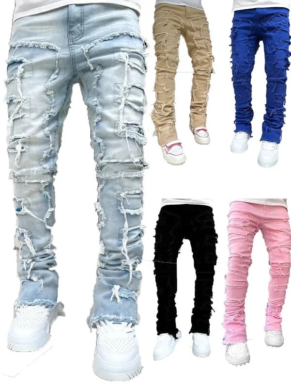 Jeans da Uomo alla Moda con Frange Elasticizzate e Patchwork, Gamba Dritta, Vita Media, Chiusura con Cerniera, Stile Sportivo Casual