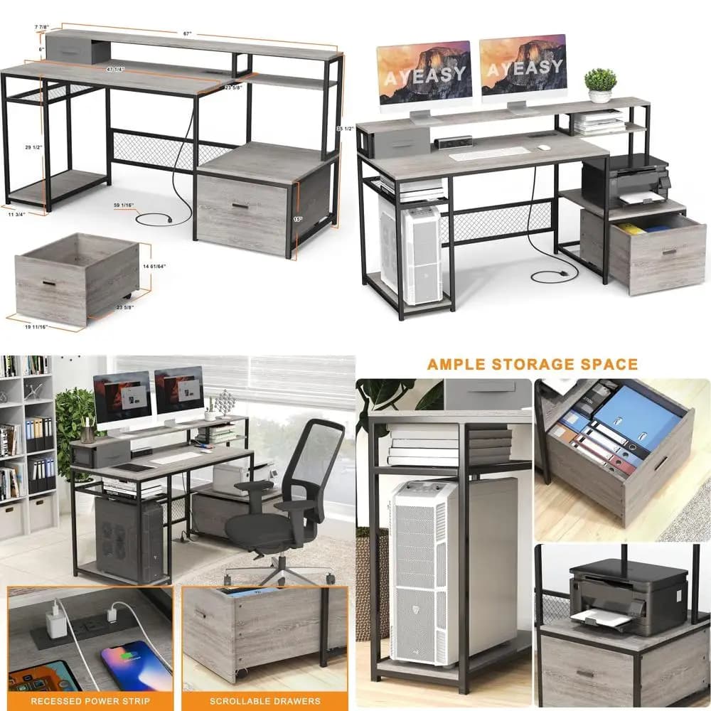66''' grey office desk with drawers, storage space, monitor support, power sockets, USB ports and cardboard