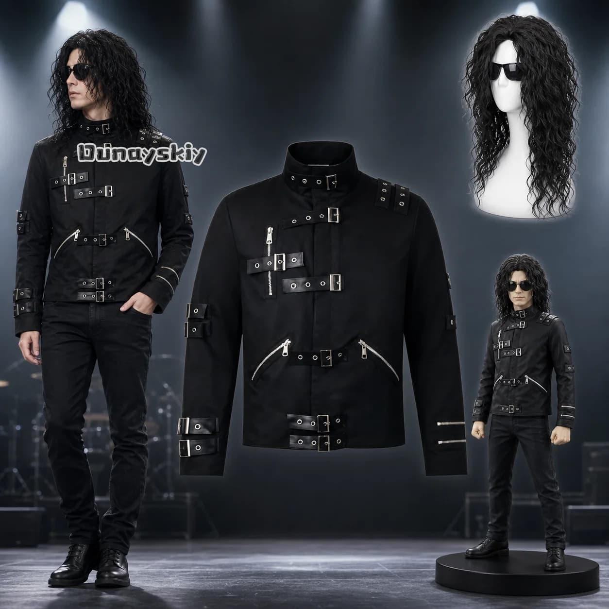KS*02Michael Jackson Cosplay Music Bad Costume Stage Punk Jacket Heavy Metal Performance Outfit MJ Abstract Joint Moving Prop