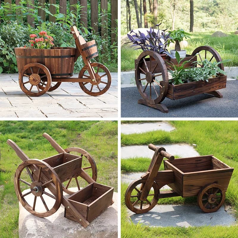 Carbonized wood wheel flower pot courtyard garden decorative planting pot outdoor balcony solid wood flower box wooden flower po