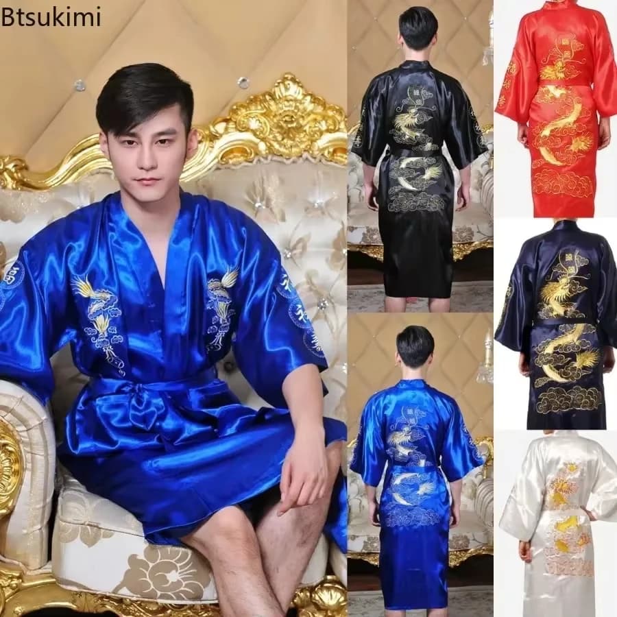Nuovo Lussuoso Kimono Vestaglia da Bagno per Uomo, Abbigliamento da Casa in Raso con Ricami in Stile Cinese, Vestaglie con Drago, Abbigliamento Tang per Uomo e Donna, Pigiama