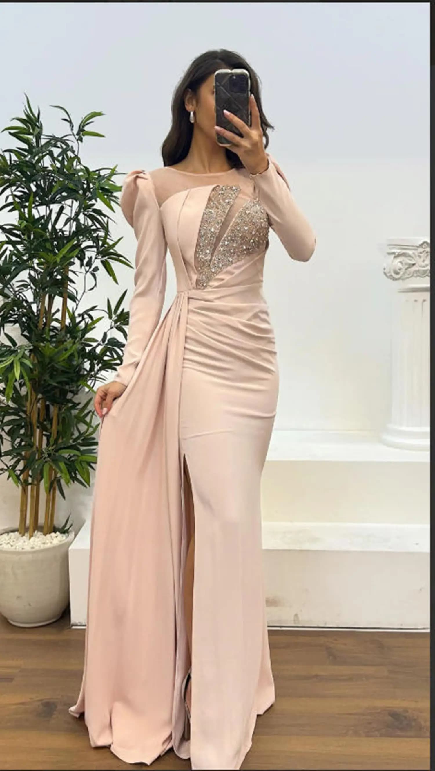 Arabia Blush Pink Satin Evening Dresses Sheer Mesh Neck Rhinestone Patch Side Drape High Split Mermaid Formal Prom Dresses 2026