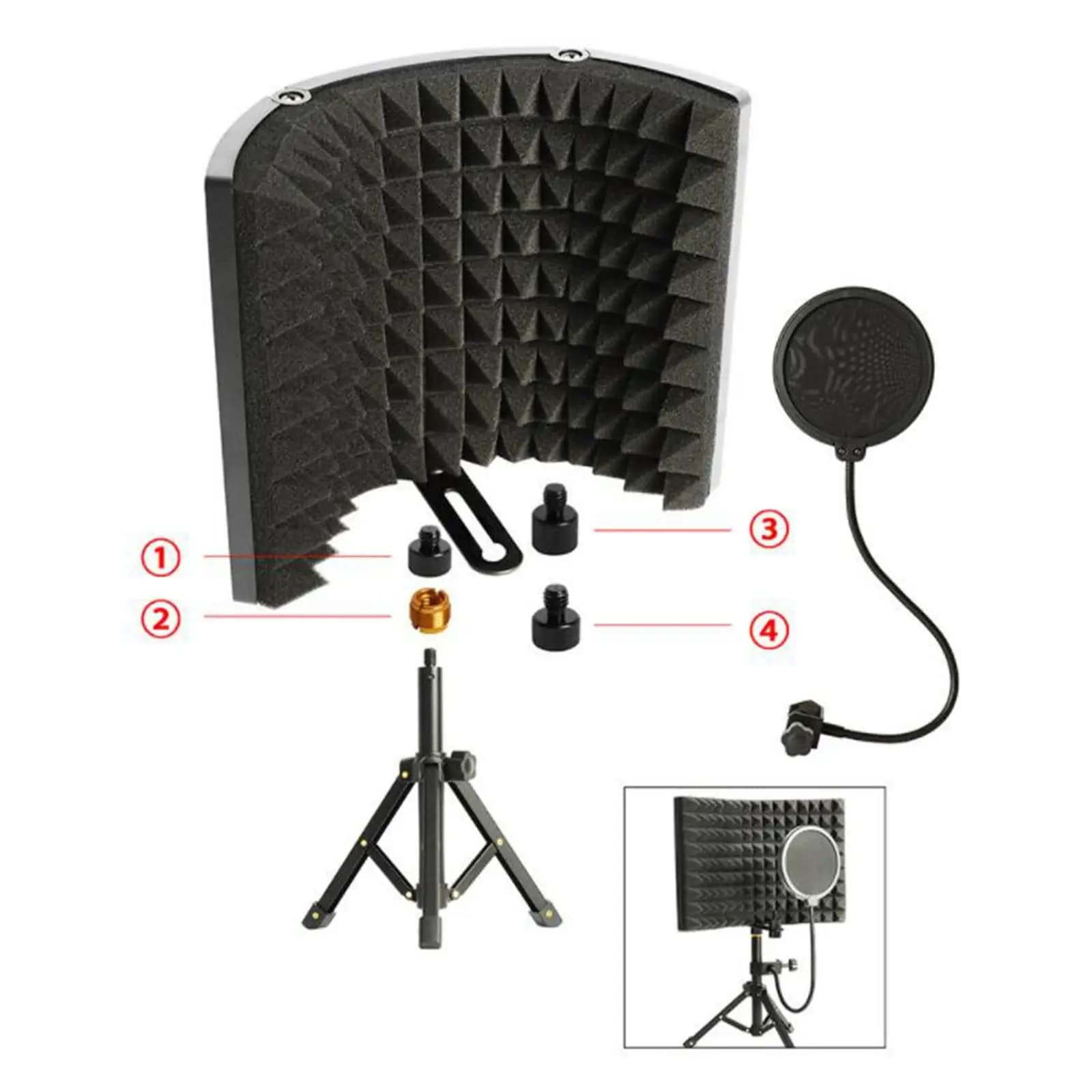 Microphone Isolation Screen with Tripod Stand Mic Sound Absorbing Foam Adjustable for Condenser Mic Broadcast Studio Recording