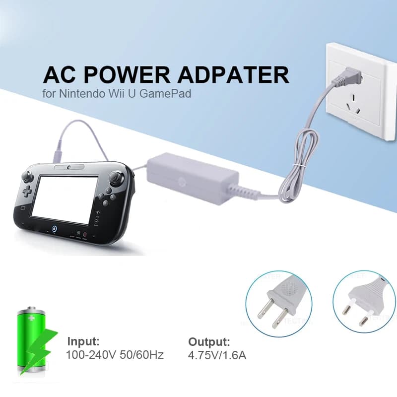 Caricabatterie per console di gioco portatile Wii U, adattatore CA con spina US/EU, adattatore di ricarica 100-240 V compatibile con il joystick remoto Nintendo