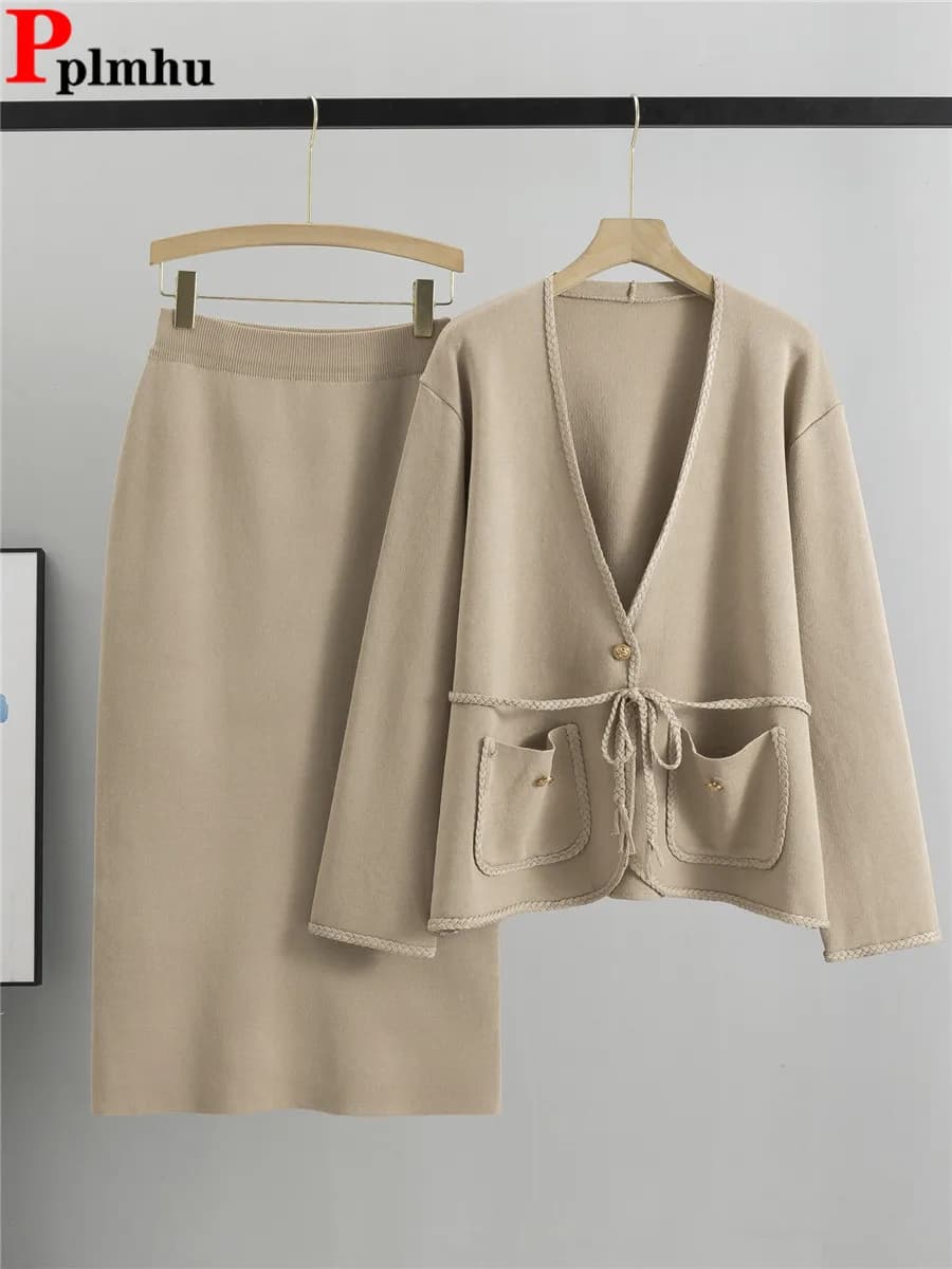 Elegante maglia allentata set da 2 pezzi donna coreana scollo a V maglieria maglione cardigan top conjuntos gonne divise a vita alta outfit