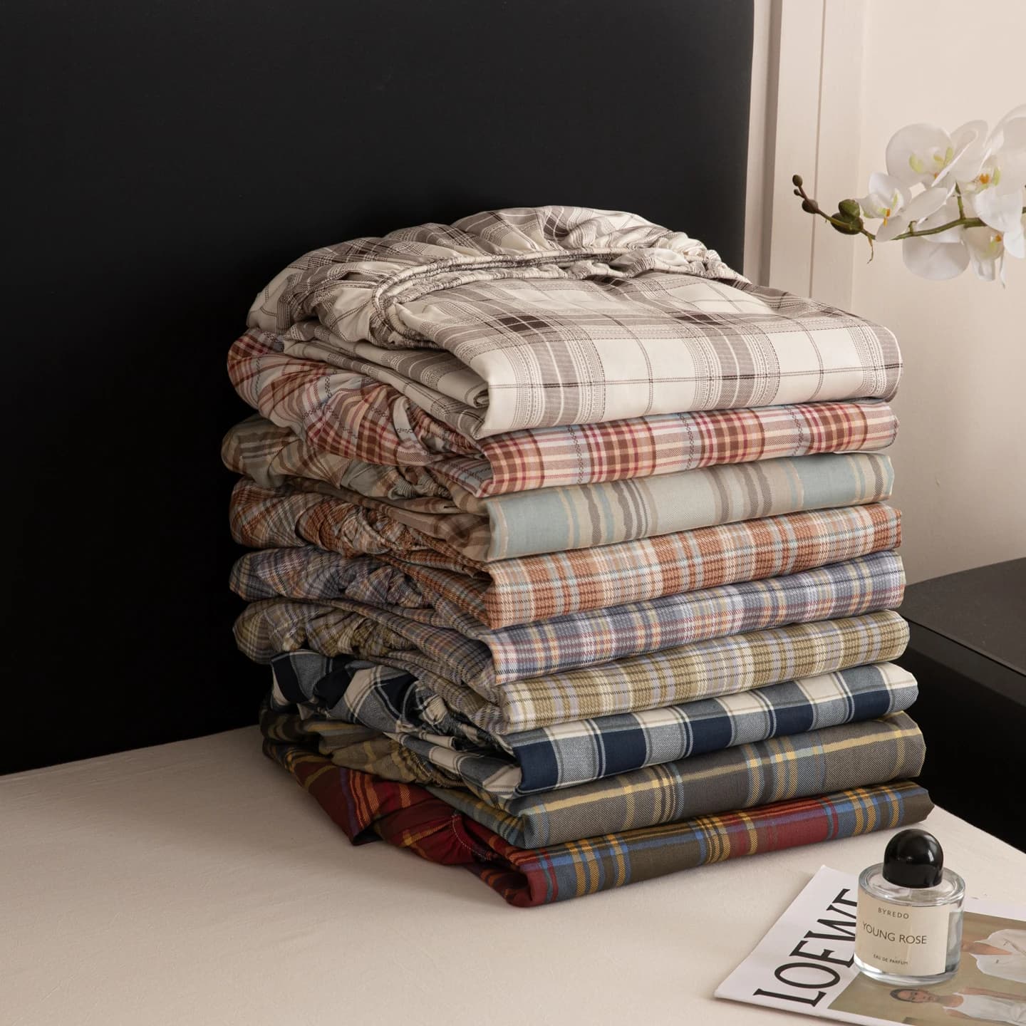 Coprimaterasso in Cotone 100% con Elastici Antiscivolo, Regolabile, Motivo Tartan, per Letto Matrimoniale, King e Queen