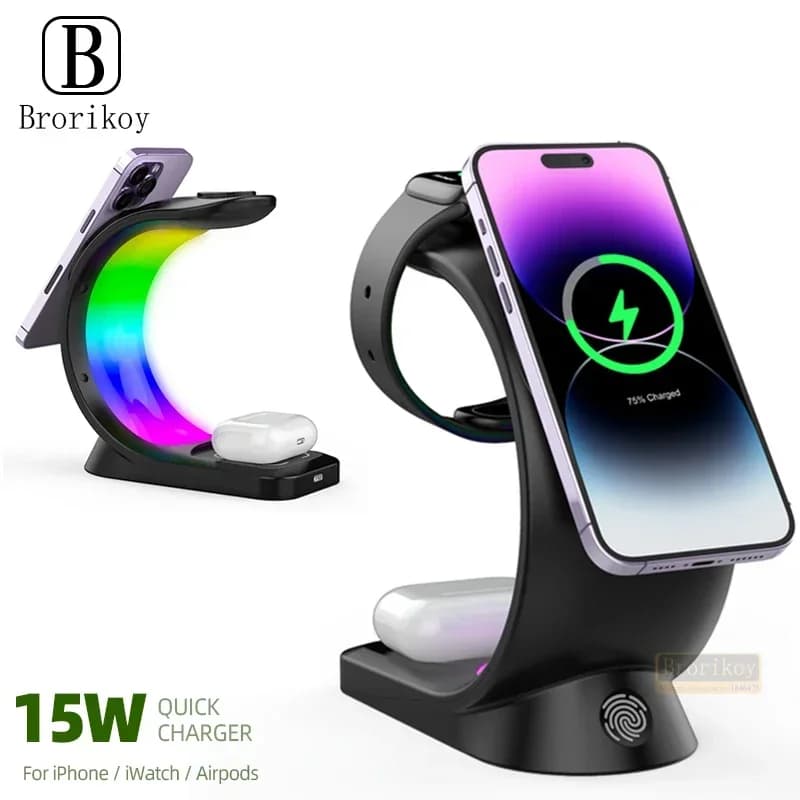 15W Magnetic Wireless Charger for iPhone 12 13 14 ProMax RGB Atmosphere Light Charging Station for Airpods Pro Apple Watch 8 7 6