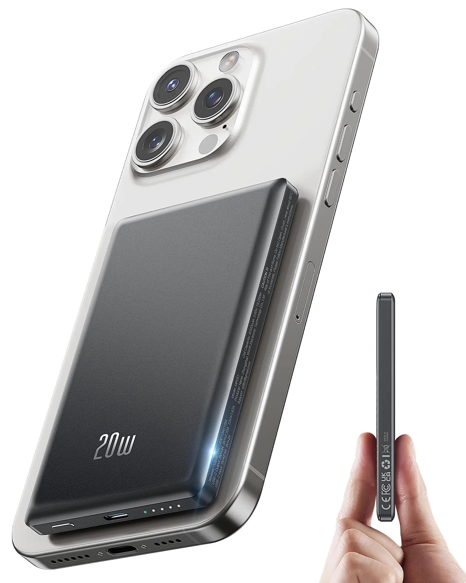 Power Bank magnetico da 5000 mAh, caricabatterie rapido wireless e da 20 W, per iPhone, Samsung (tipo C), pacco batteria per telefono portatile da viaggio.