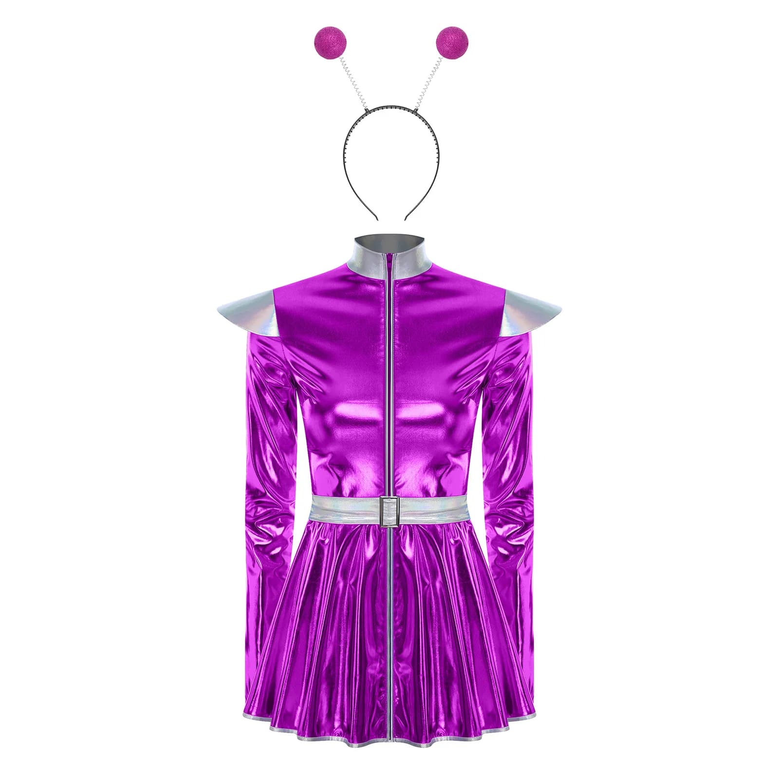 Dress Tutu Metallized Sleeve Long Sleeves for Women, Alien Astronaut Costume with Halloween Wheel and Spatial Theme Party
