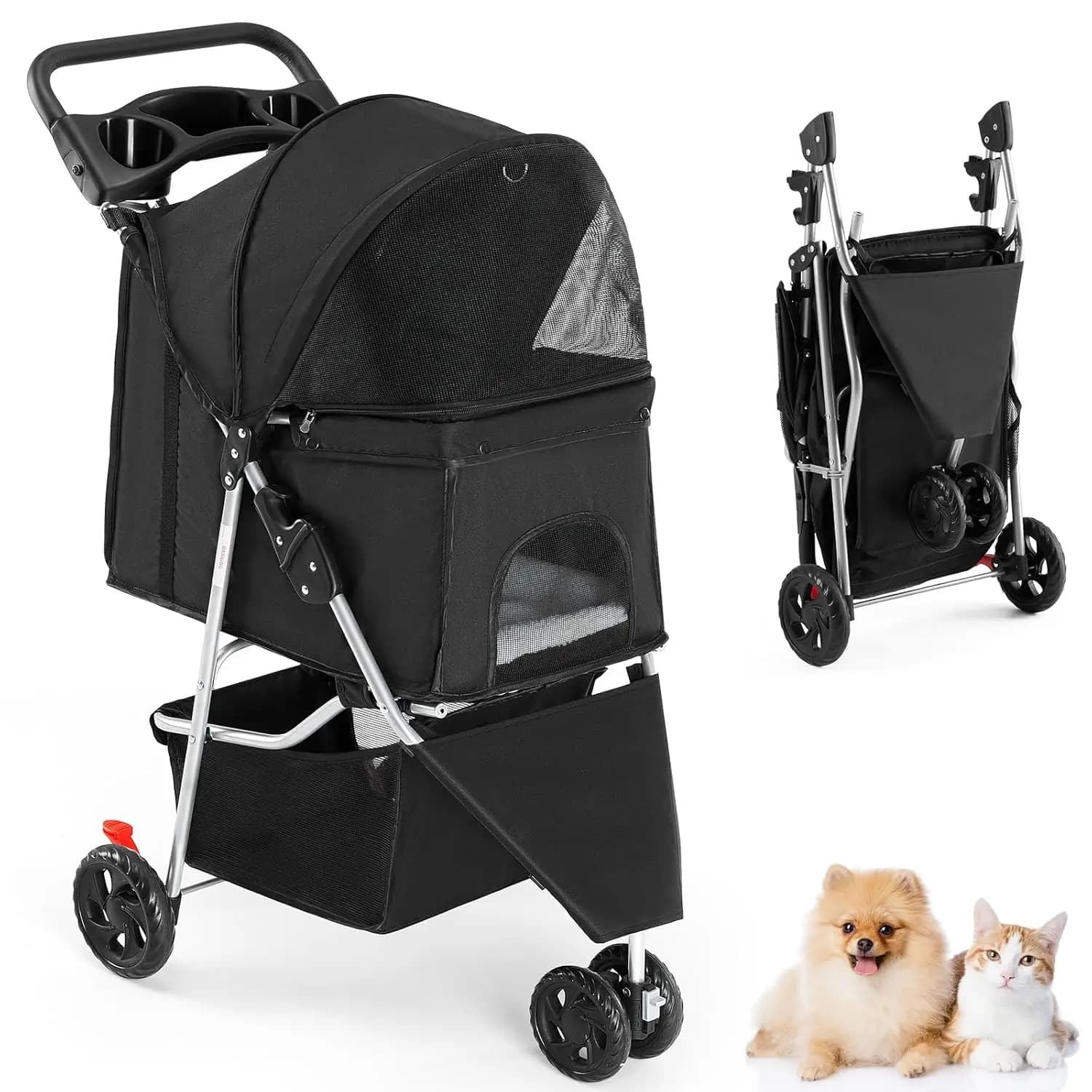 Passeggino Pieghevole a 3 Ruote per Cani e Gatti, Trasportino da Viaggio Leggero con Finestre in Rete, Cestino Portaoggetti e Portabicchieri – Nero