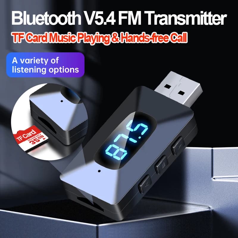 Trasmettitore FM Bluetooth 5.4 Scheda AUX e TF da 3,5 mm Riproduzione di schede Adattatore audio wireless Chiamate in vivavoce con microfono HIFI per autoradio