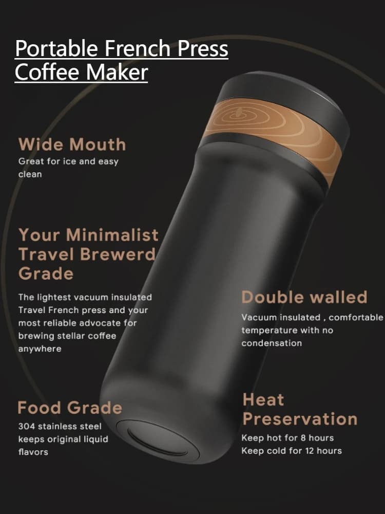 12 oz Portable French Press Coffee Maker for Travel Camping Stainless Steel Vacuum Insulated Coffee Mug Tea Cup
