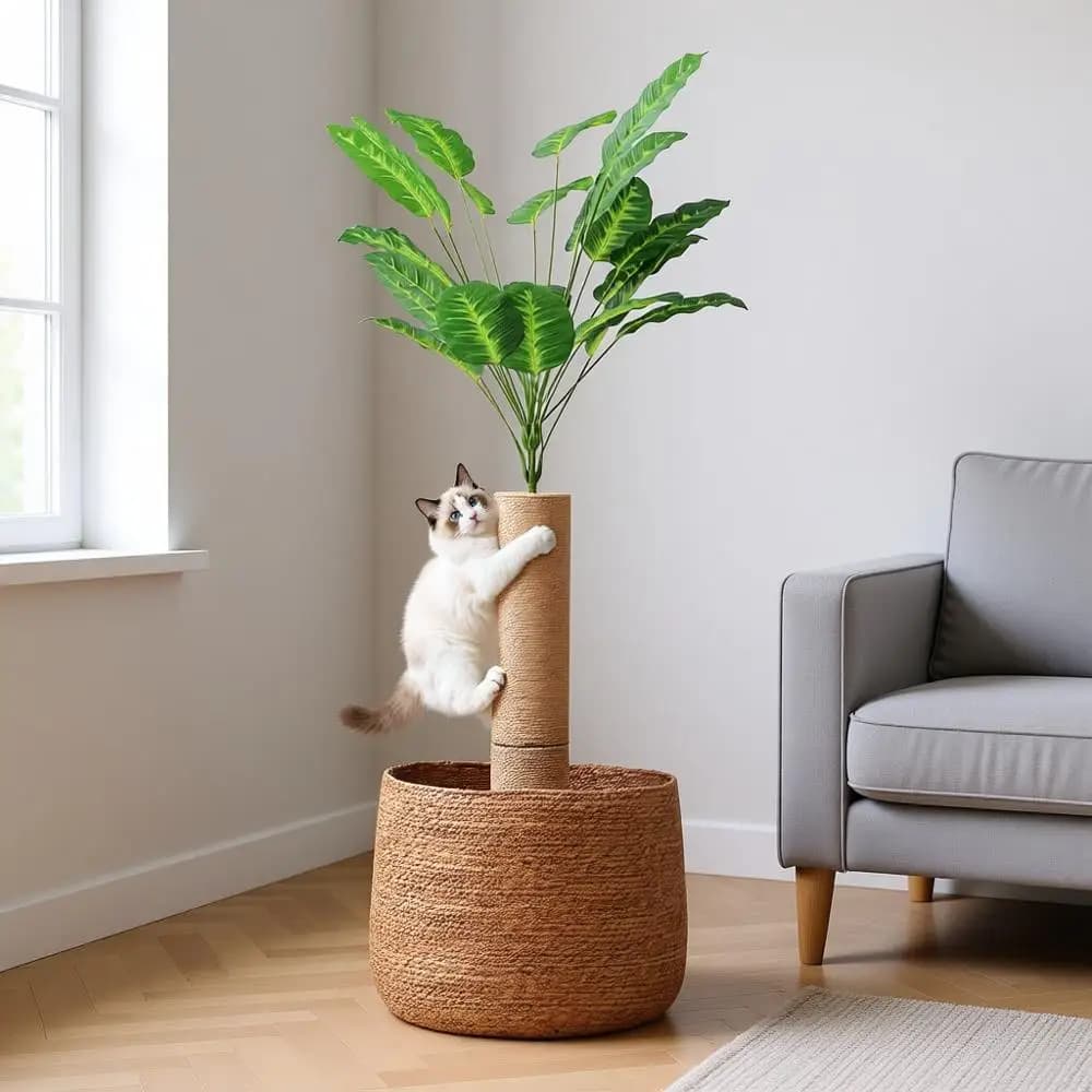Tiragraffi per Gatti Alto 157 cm con Letto, Tiragraffi a Forma di Albero di Banano, Tiragraffi con Piante Artificiali e Base Intrecciata