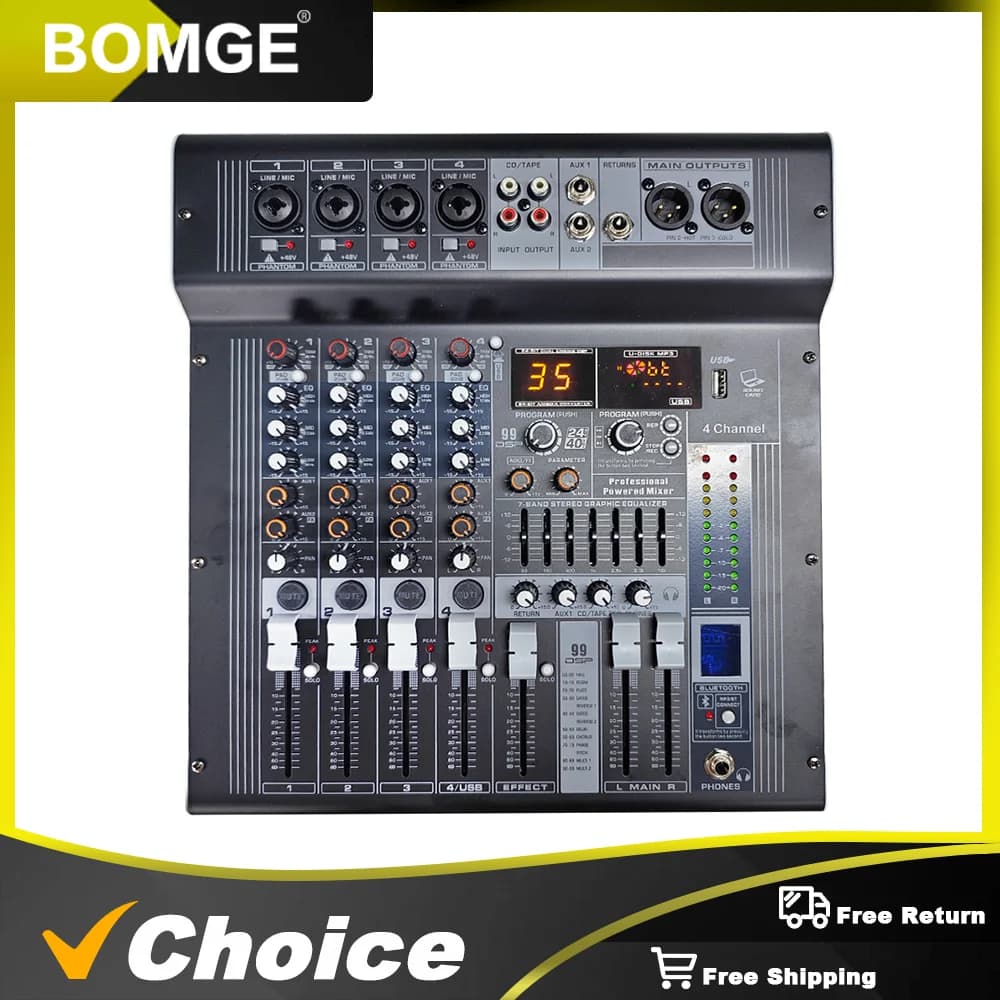 BOMGE DJ Mixer Audio 4 canali con USB, Bluetooth, 99 effetti per la registrazione di feste Karaoke trasmissione Internet