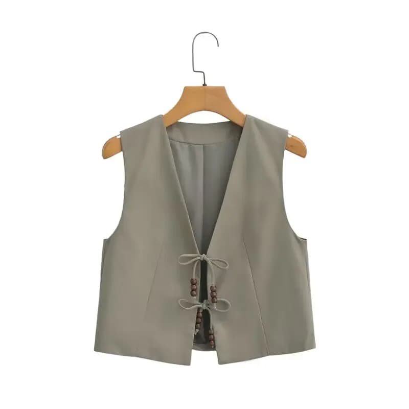 New Women Fashion V Neck Sleeveless Beading Design Lace Up Short Linen Vest Jacket Office Lady Casual Slim WaistCoat Tops CT2208