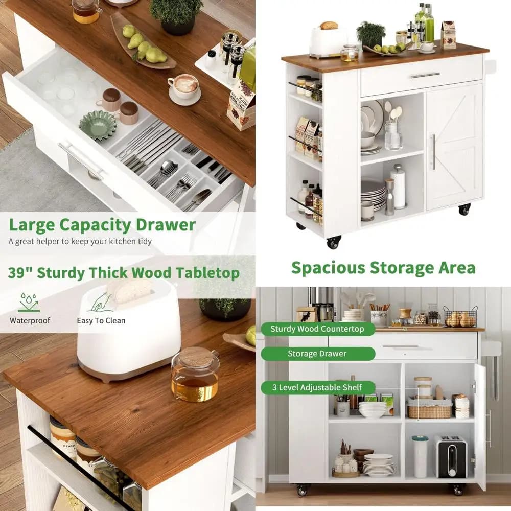 Isola da cucina mobile con contenitore, mobiletto, portaspezie, portasciugamani e ripiani aperti, bianca