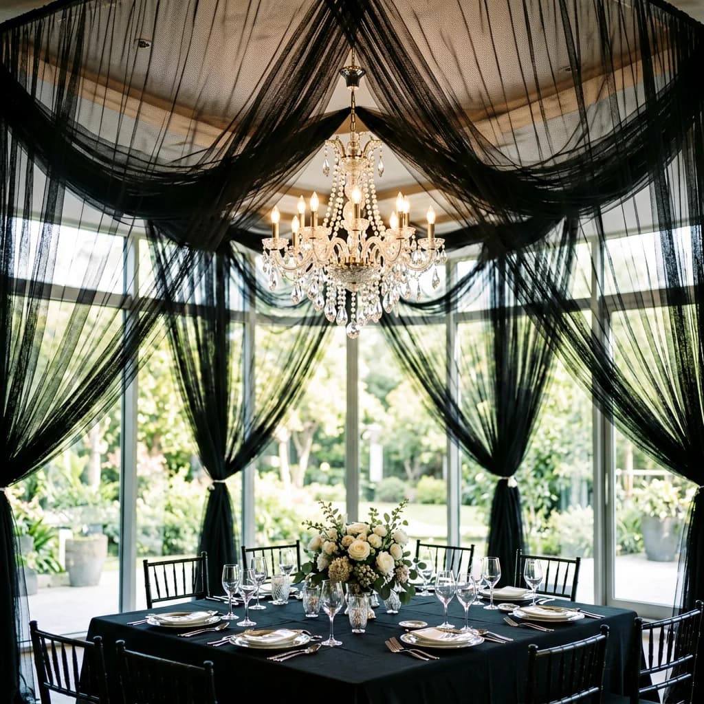 Soft Black Tulle Sheer Fabric Roll Wedding Hall Ceiling Swag Drape Backdrop Curtain Dark Wedding Reception Party Decor Supplies