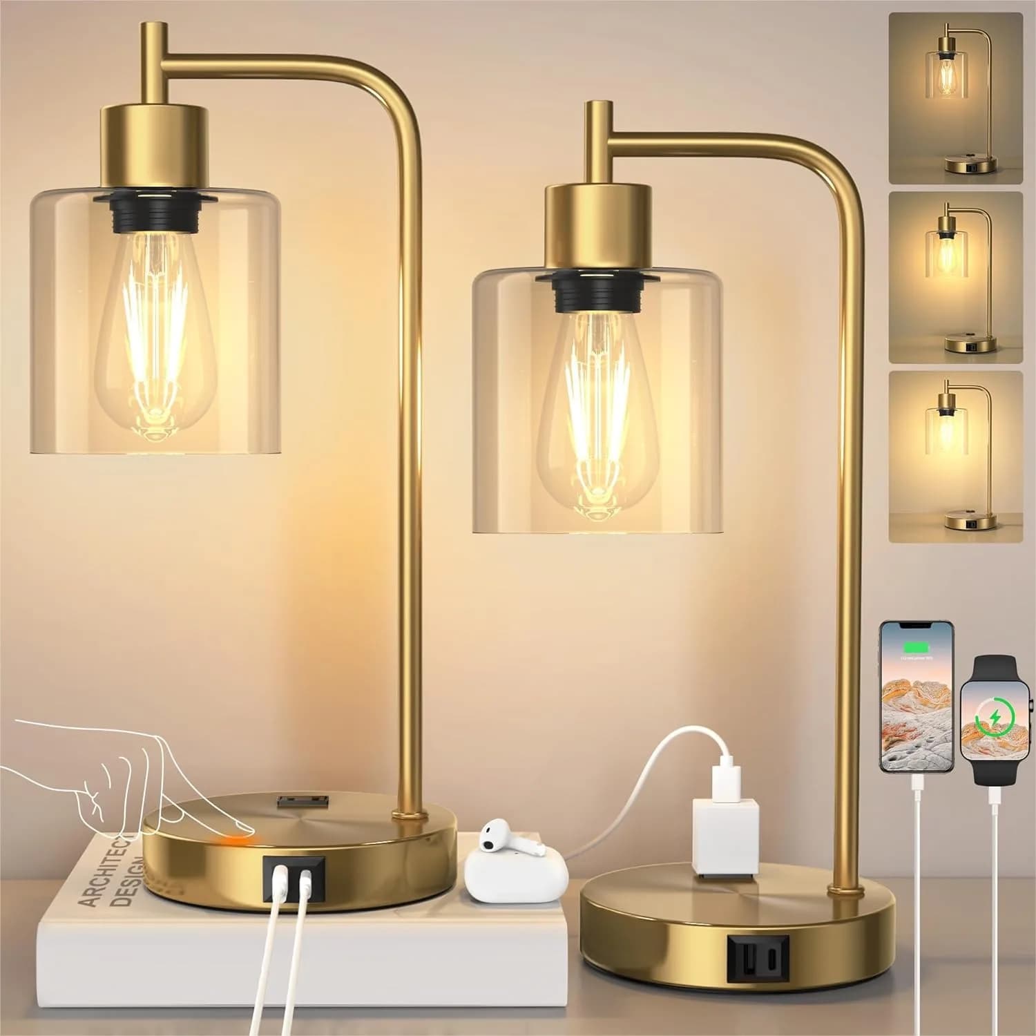 Lampade da Tavolo Industriali con Controllo Touch, Porte USB e Prese Elettriche, Lampade da Comodino Dimmerabili a 3 Livelli, Set di 2