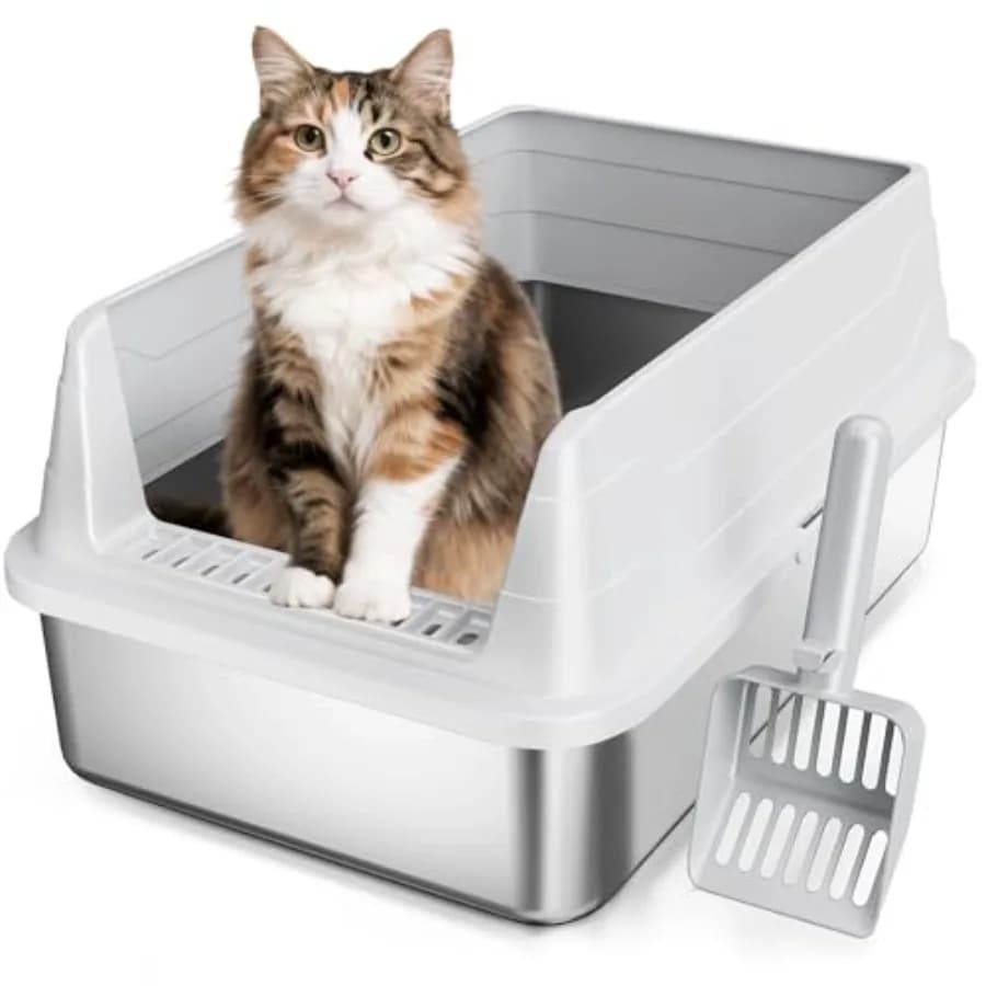 Stainless Steel Cat Litter Box, Odor Free Metal Litter Box with High Sides Lid, Open Top Low Entry Litter Pan Include Scoop Eas