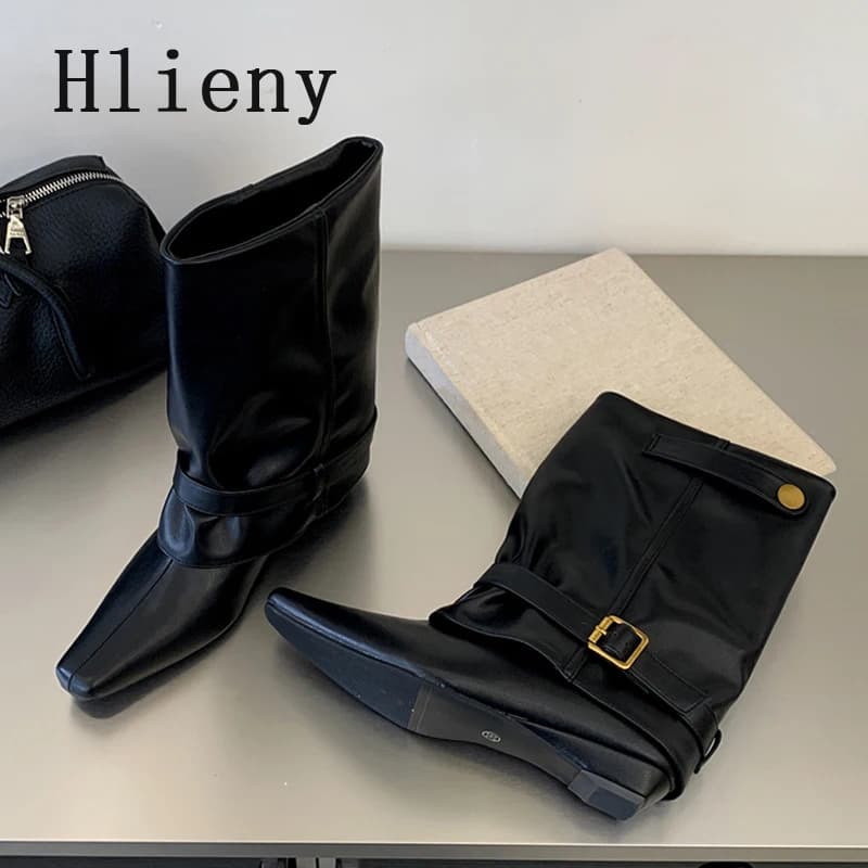Hlieny Fashion Designer Ankle Boots Women Pointed Toe Belt Buckle Short Boots Female Winter Fashion Botas Banquet Ladies Shoes
