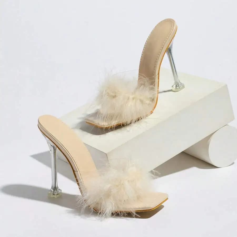 Nude Feather Trim Square Toe Stiletto Heel Slides Women Party Sandals