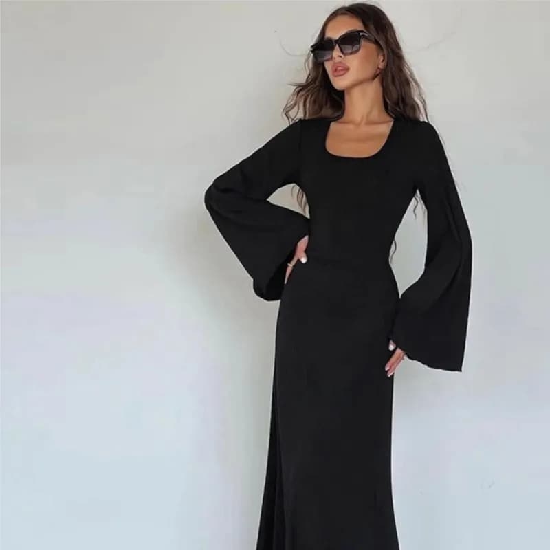 Solid Ribbed Back Lace-Up Straps Maxi Dress Female Long Sleeve Fashion Slim Loose Bandage Dress Spring Autumn Women Dresses New