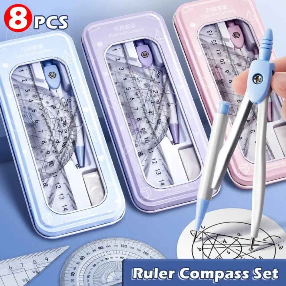 8PCS/Set High Quality Plastic Ruler Compasses Set Eraser Straight Ruler Protractor Set Square Transparent Drawing Tool Students