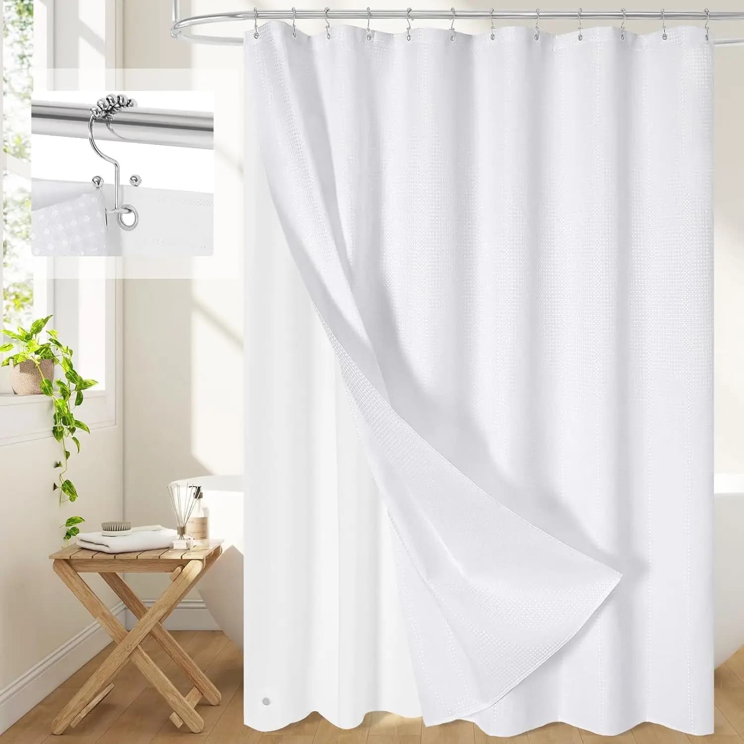 Set Tenda Doccia 3-in-1 Bianca Effetto Waffle con Rivestimento in PEVA e 12 Ganci, Stile Hotel, Decorazione Bagno, 72x72