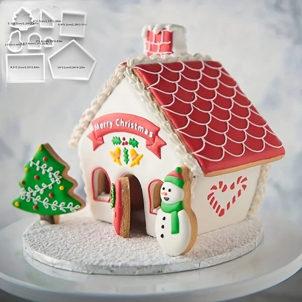 8pcs 3D Printed Christmas Gingerbread House Mold Plastic Cookie Cutter Set Cookie Mold Pastry Cake Stamp Baking Tool Additions