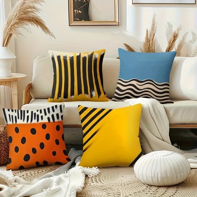 Set of 4 Printed Accent Throw Pillows Cushions Modern Boho Geometric Pattern Polyester Decor for Sofa Couch Home Living Room