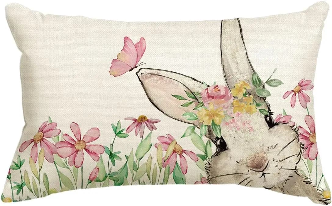 Paschal decorative cushion cover with floral garland and bunny, 12x20 inch, for sofa and armchair