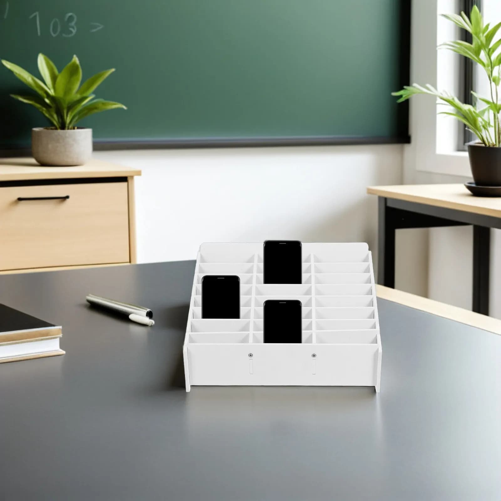 Mobile Phone Organizer Box 24 Slots Desktop Classroom Storage Container Rustic Wood Plastic Design for Smartphones Calculators