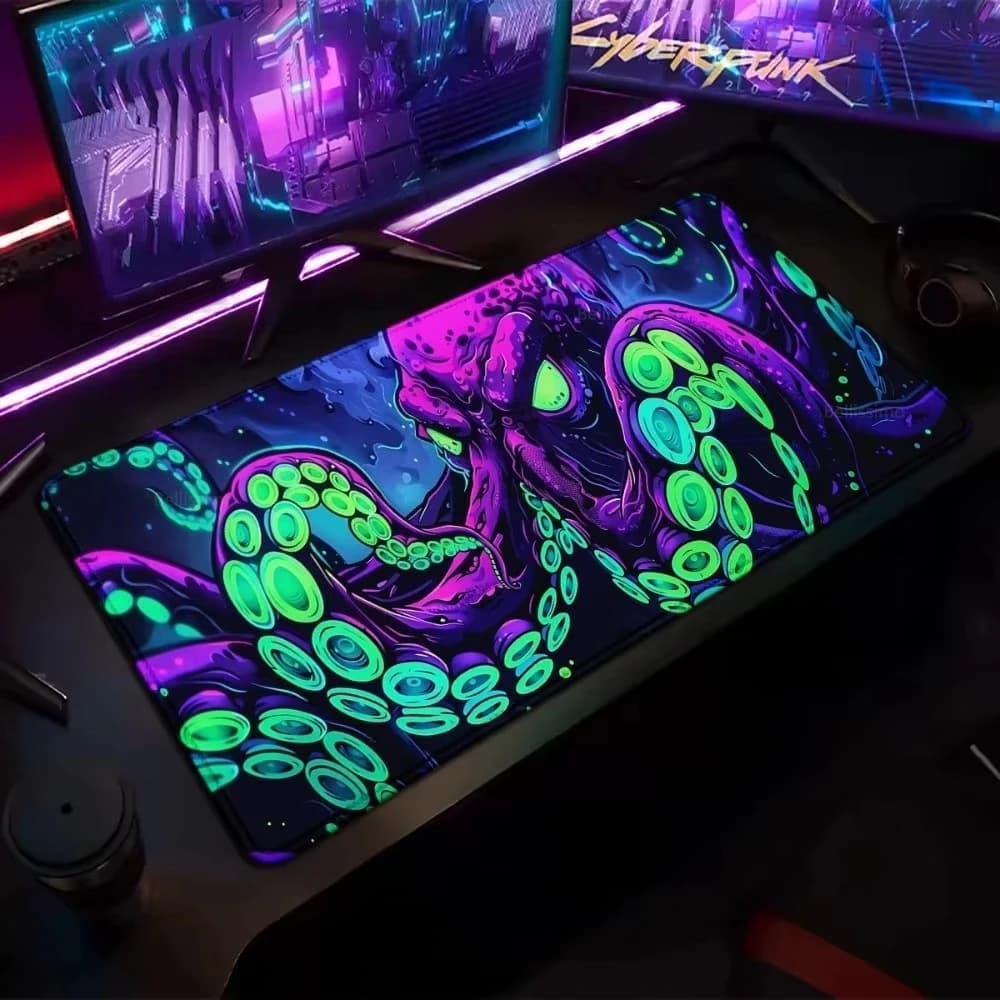Tappetino per Mouse da Gaming a Tema Polpo Neon, Tappetino da Scrivania Esteso, Design Psichedelico con Tentacoli di Cthulhu, Base Antiscivolo in Gomma