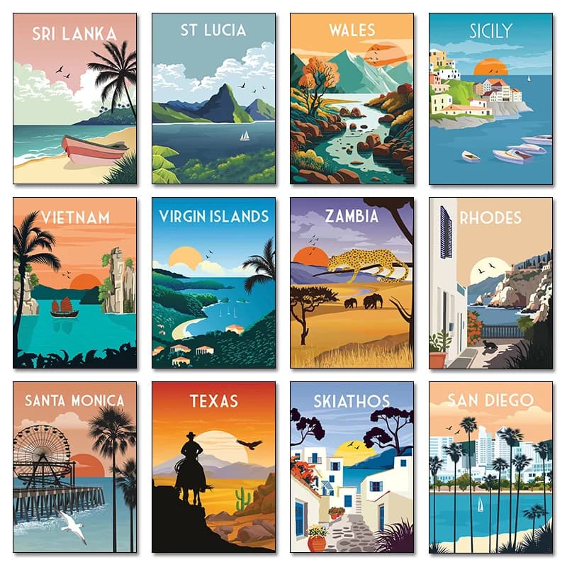 Quadri Illustrati di Paesaggi di Santorini, Sydney, Vietnam, Galles, Stampe Artistiche da Parete per Soggiorno e Casa