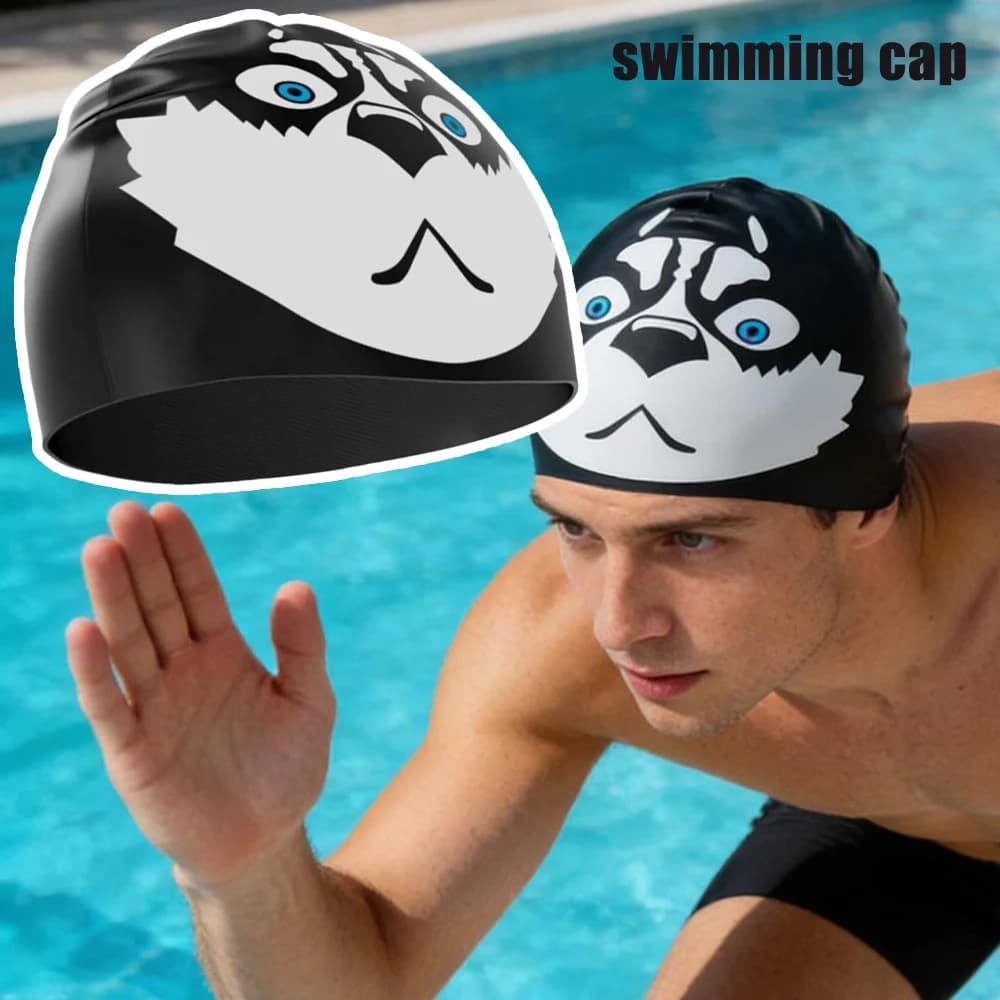 High Stretch Silicone Swim Cap Funny Husky Pattern Unisex Swimming Cap for Adult Women Men Training Pool Large Size