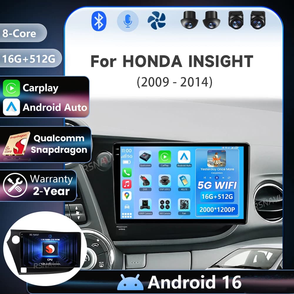 Android 16 Carplay Auto For Honda Insight 2 2009 2010 2011 - 2013 2014 Multimedia Car Radio Player Video Stereo 24-hour shipping