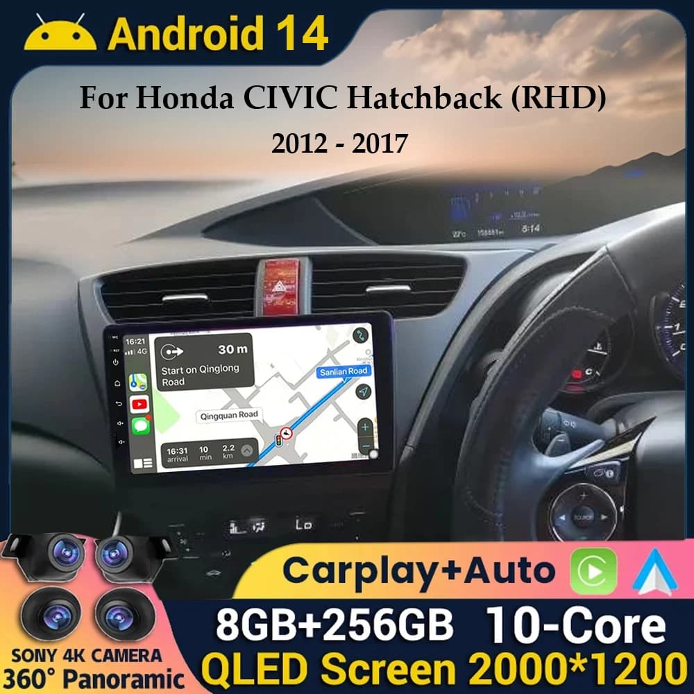 Android 14 Wireless Carplay + Auto For Honda Civic 9 FK FB 2012 - 2017 RHD/LHD Autoradio Multimedia GPS Navigation 5G WIFI