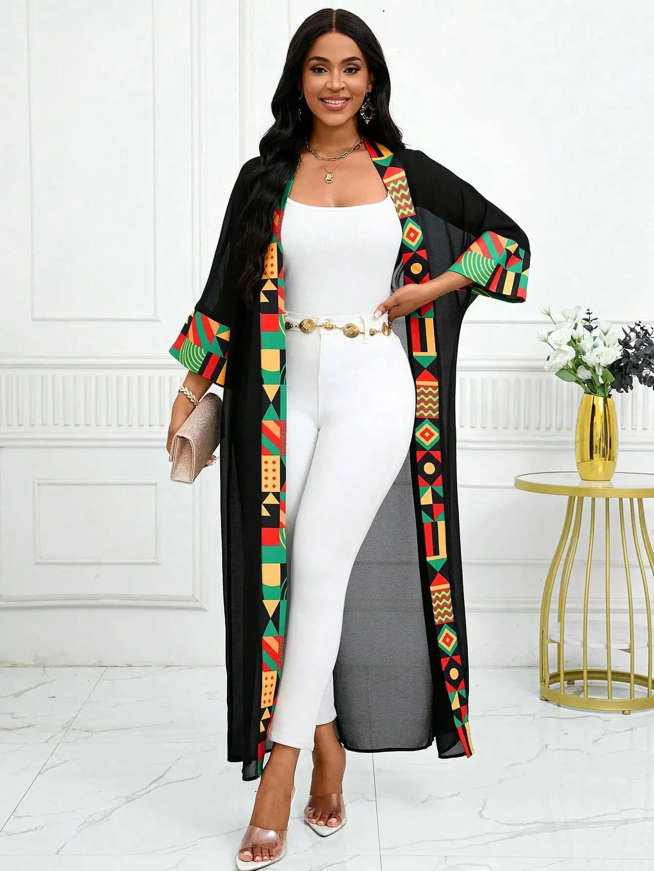 Kimono Lungo con Stampa Africana e Patchwork, Abbigliamento Esterno per Donne