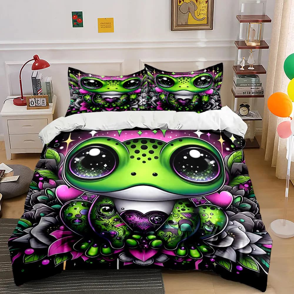Set di biancheria da letto con stampa di rane fantasy su sfondo floreale, morbido e confortevole, include 1 copripiumino e 2 federe.