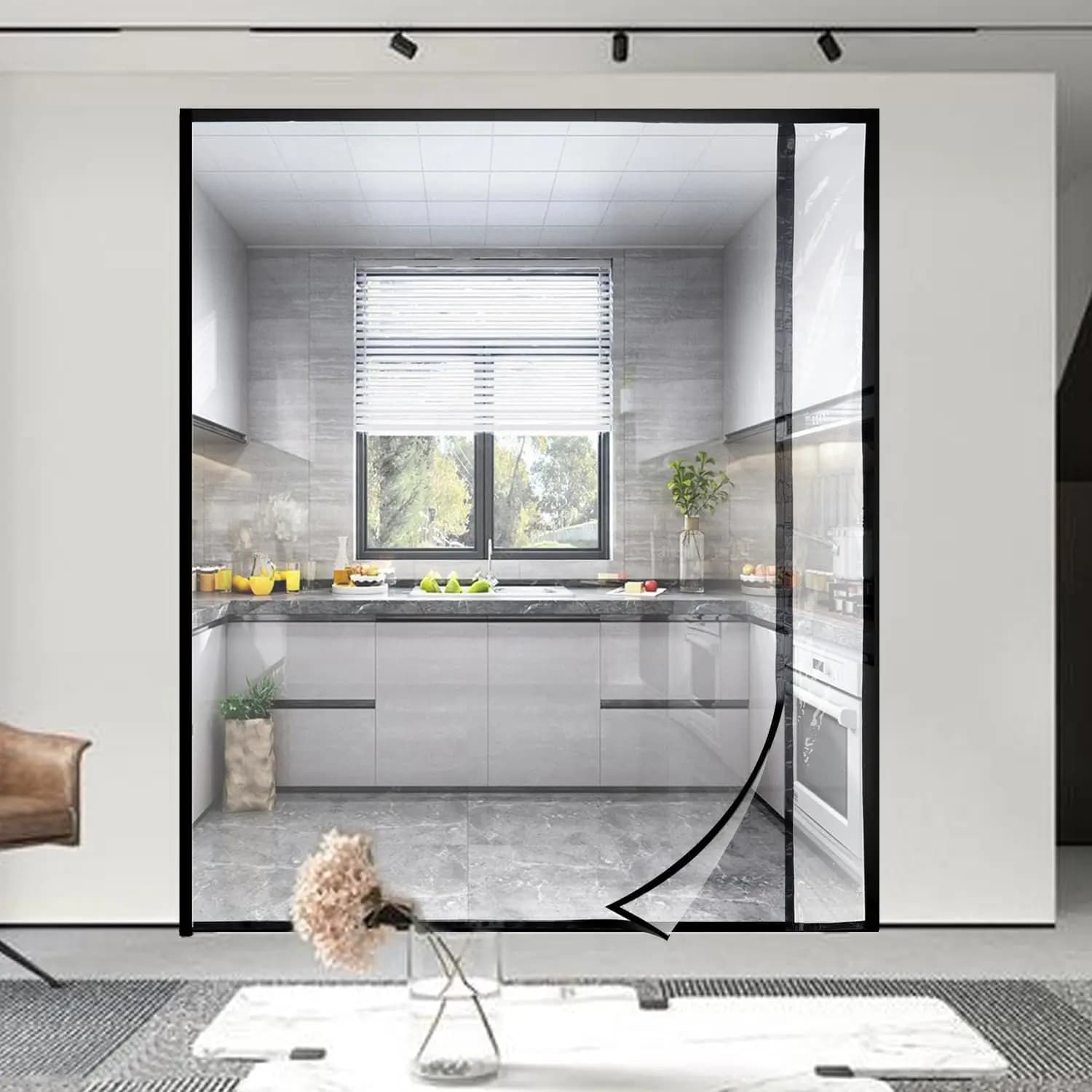Tenda per Porta Isolante Trasparente Reversibile con Apertura a Sinistra o Destra, Copertura Magnetica Termica per Porta, Schermo Autochiudente