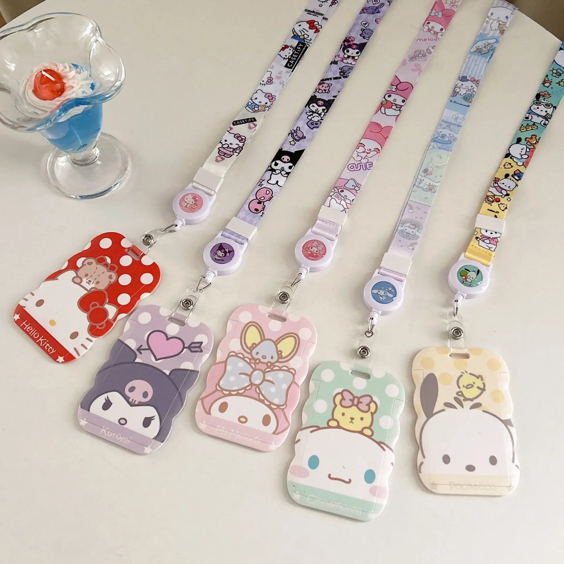 Kawaii Retractable Lanyard Card Holder Kuromi Melody Cinnamoroll Cute Wave Shape Student ID Bus Badge Case Girls Gift