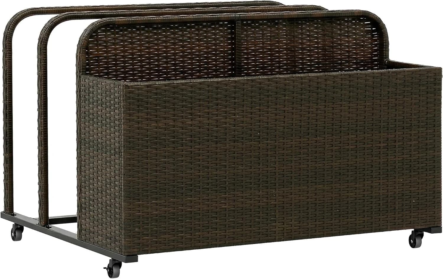 Wicker Pool Float Storage Organizer, PE Rattan Outdoor Pool Float Holder With Rolling Wheels For Noodles Life Vests Beach Balls Garden Furniture, Mixed Brown